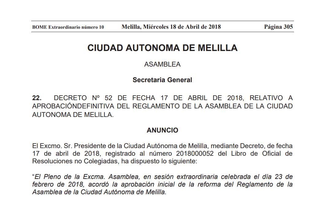 Test del Reglamento de la Asamblea de la Ciudad Autónoma de Melilla
